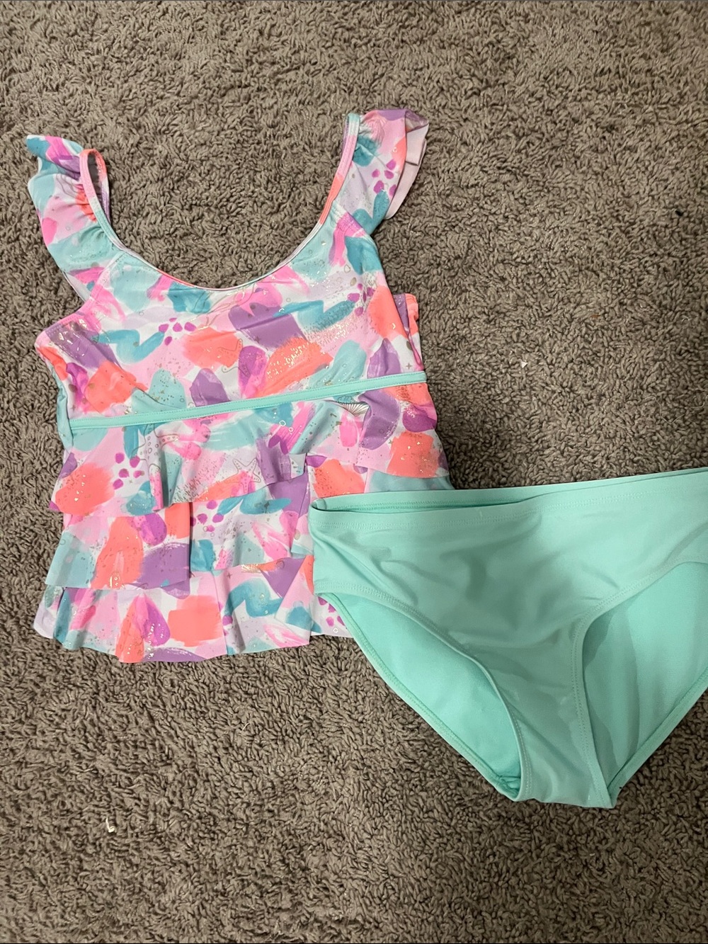 Justice Pastel Watercolor Ruffle Two-Piece Bikini - Mint, Pink, Purple, Coral